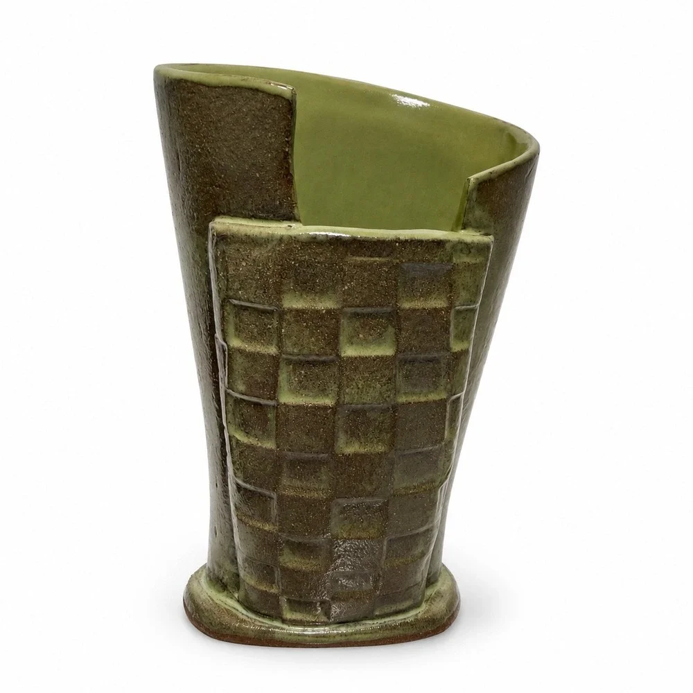 Studio Pottery Asymmetrical Textured Vase Olive Green Bronze Ceramic Pencil Cup